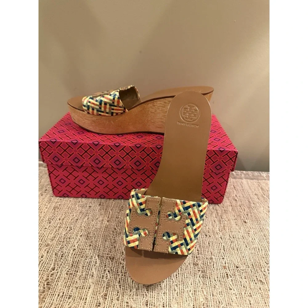 Tory Burch Ines Woven Multicolor Raffia Wedge Platform‎ Slide Sandals Sz-8